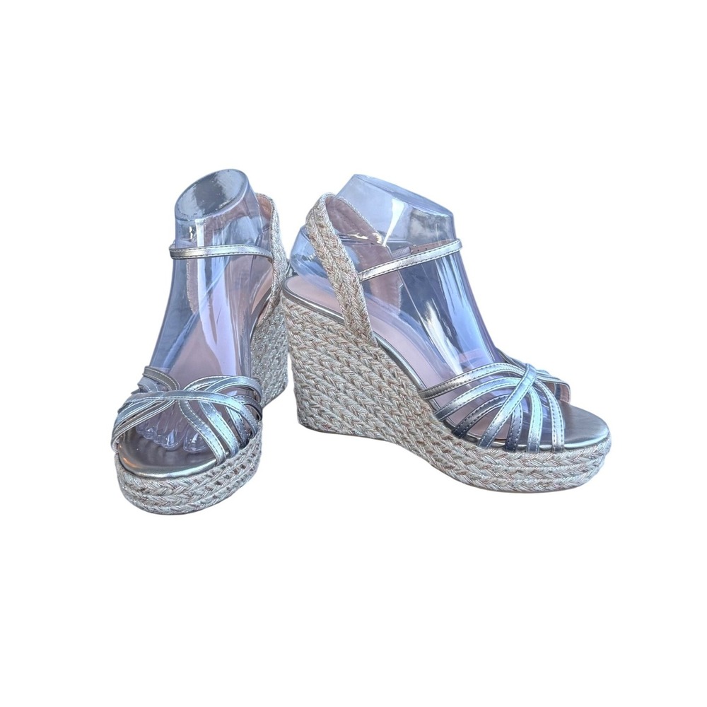 MIA‎ Silver Metallic Espadrille Wedge Platform Sandals Womens 8M bohemian